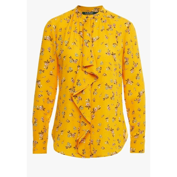 Lauren Ralph Lauren Tops - Lauren Ralph Lauren Yellow Floral Ruffle Blouse Button Front Long Sleeve Size S